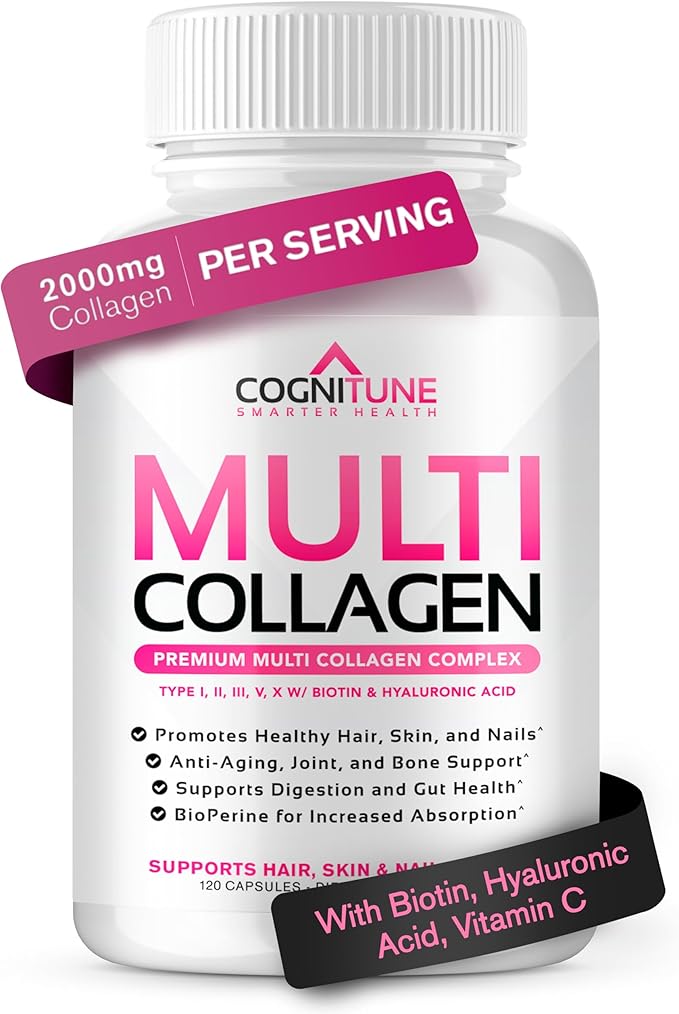 CogniTune Multi Collagen Peptides for Women with Biotin, Hyaluronic Acid, Vitamin C - 5 Types I II III V X Colageno Hidrolizado - 2000mg Hair Skin Nails Joints Support - 120 Capsules