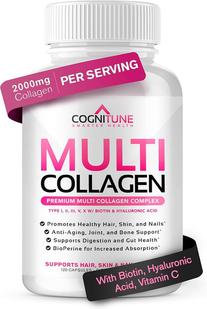 CogniTune Multi Collagen Peptides for Women with Biotin, Hyaluronic Acid, Vitamin C - 5 Types I II III V X Colageno Hidrolizado - 2000mg Hair Skin Nails Joints Support - 120 Capsules