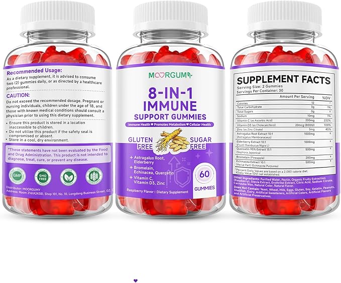 Immune Support Gummies – 8-in-1 Formula Herbal Supplements with Astragalus, Elderberry, Quercetin, Bromelain, Echinacea, Vitamin C, D3 and Zinc for Everyday Balance, Raspberry Flavor, 120 Count