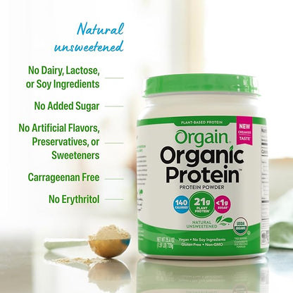 Orgain Organic Vegan Protein Powder, Natural Unsweetened - 21g of Unflavored Plant Protein, 4g Prebiotic Fiber, Low Net Carbs, No Added Sugar, Non-GMO, For Shakes & Recipes, 1.59 lb