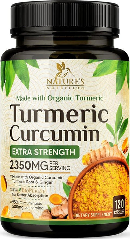 Turmeric Curcumin Supplement 2350mg - 95% Curcuminoids with Organic Turmeric & Ginger, BioPerine Black Pepper for Best Absorption, Nature's Vegan Joint Support, Non-GMO, Bottled in USA - 120 Capsules