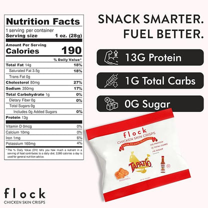 Flock Keto Chicken Skin Chips – Tapatio Flavor, Low Carb, High Protein, Gluten-Free Chicken Crisps, Keto Snack, Low Carb Chips, Protein Crackers, Diet Snacks, 8-Pack (1oz)