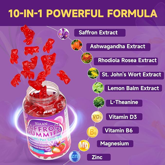 Saffron Supplements for Kids & Adults, 10 in 1 Saffron Gummies 88.5mg Saffron Extract with Ashwagandha, L-Theanine for Calm, Zzz, Antioxidant, Sugar-Free/Organic, Strawberry Flavor 120 Count