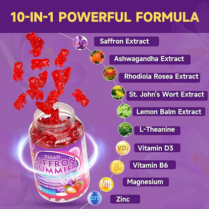 Saffron Supplements for Kids & Adults, 10 in 1 Saffron Gummies 88.5mg Saffron Extract with Ashwagandha, L-Theanine for Calm, Zzz, Antioxidant, Sugar-Free/Organic, Strawberry Flavor 120 Count