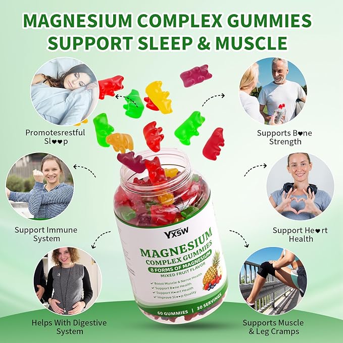 Magnesium Complex Gummies 8 Elemental 1000mg - Magnesium Glycinate, Citrate, Malate, Taurate, Supports Bones, Muscle, Nerve Health, for Women & Men, Vegan Non-GMO, Mixed Flavors, 60 Count