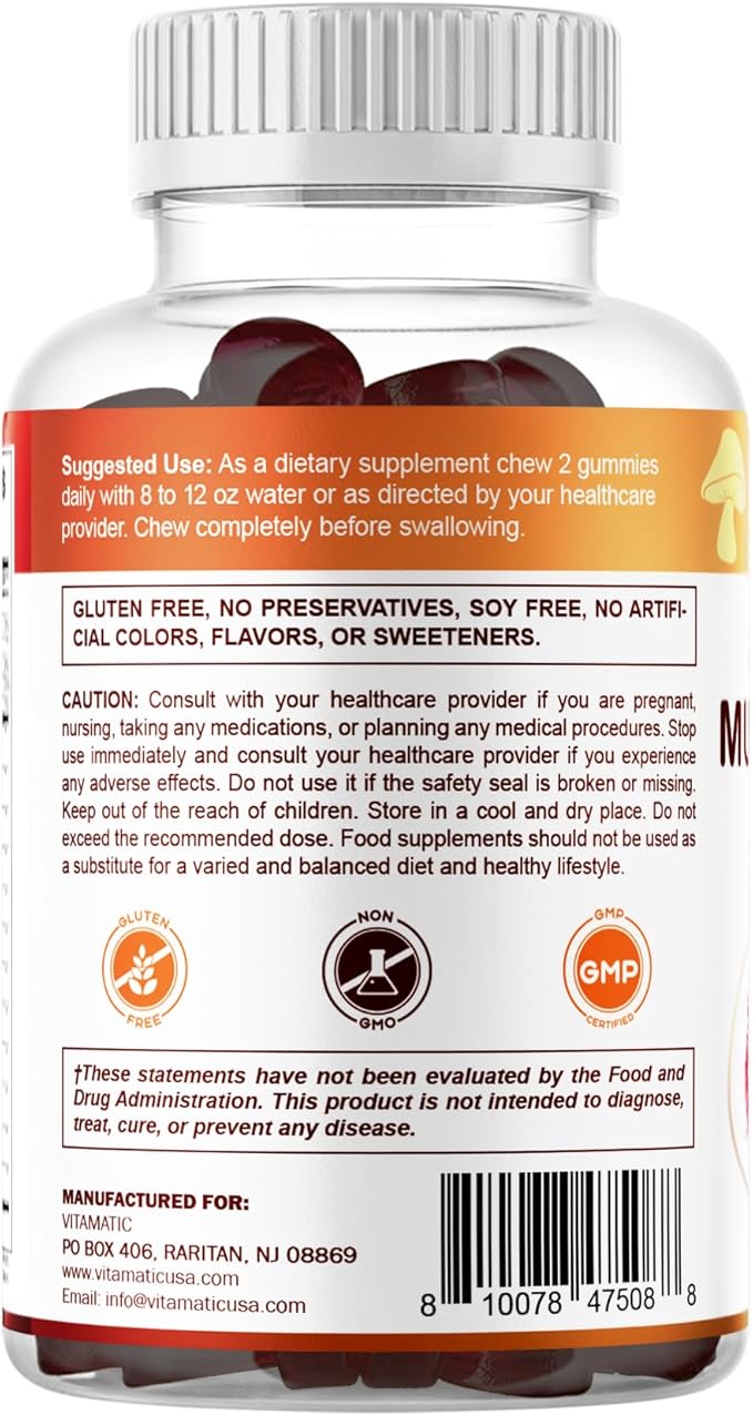 Vitamatic Mushroom Complex Gummies with D3 – Plant-Based Botanical Extract – Pectin-Based, Non-GMO – Herbal Supplement Gummies – 60 Count - 2 Pack (120 Count)