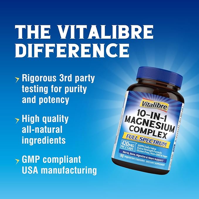10 in 1 Magnesium Complex, 420mg Elemental Magnesium | Ultra Strength, Max Absorption | Chelated Magnesium Supplement for Nerves, Bone & Heart Health | Non-GMO, 90 Vegan Capsules