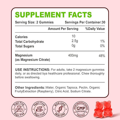 Magnesium Citrate Gummies 400MG, High Absorption Magnesium Gummies for Adults, Muscle & Teeth Support, Vegan 60 Cts