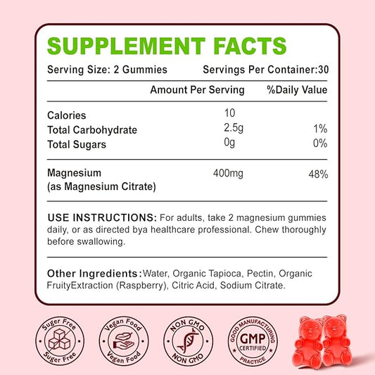 Magnesium Citrate Gummies 400MG, High Absorption Magnesium Gummies for Adults, Muscle & Teeth Support, Vegan 60 Cts