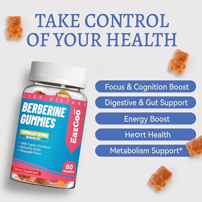 Berberine Gummies with Ceylon Cinnamon,1200mg Berberine HCI Supplement for Metabolism and Energy Support, Vegan, Gelatin-Free - 60 Count