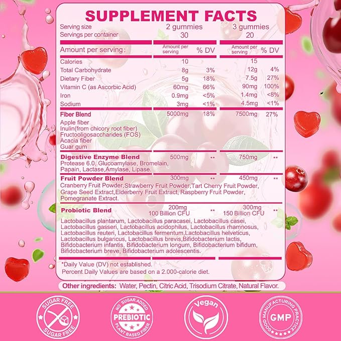 Fiber Gummies 7500mg, Probiotics & Digestive Enzymes, Sugar-Free, Vegan & Gluten-Free Supplement for Gut Health, Bloating Support & Regularity, High Potency Daily Adult (60 Count (Pack of 2))