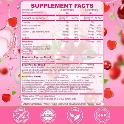 Fiber Gummies 7500mg, Probiotics & Digestive Enzymes, Sugar-Free, Vegan & Gluten-Free Supplement for Gut Health, Bloating Support & Regularity, High Potency Daily Adult (60 Count (Pack of 1))