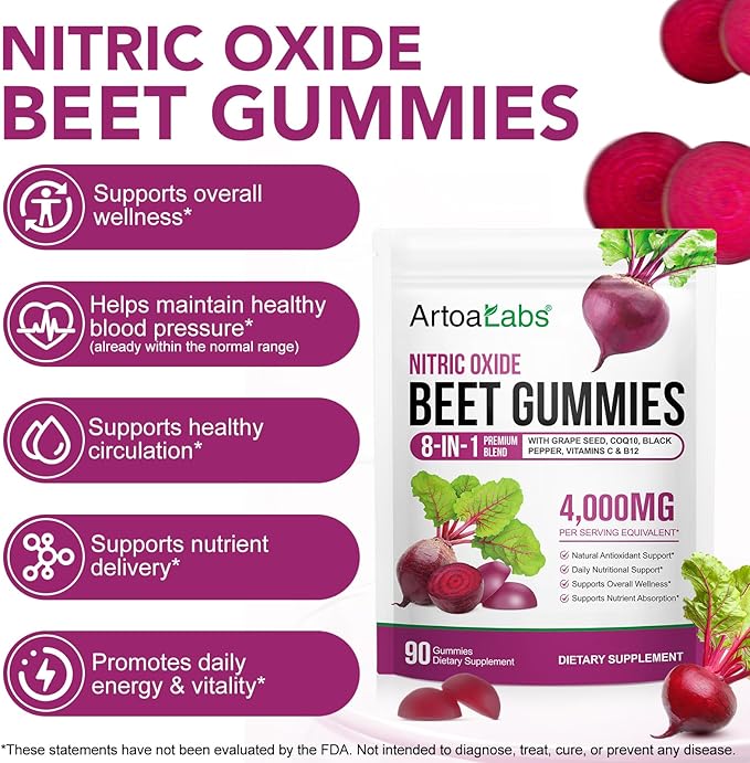Super Beetroot Gummies, 8 in 1 Beet Root 4,000mg with Grape Seed Extract & CoQ10, Sugar Free - 90 Count (2)