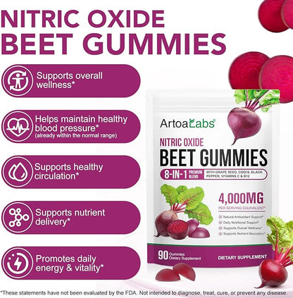 Super Beetroot Gummies, 8 in 1 Beet Root 4,000mg with Grape Seed Extract & CoQ10, Sugar Free - 90 Count (2)