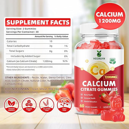 Calcium Citrate Gummies 1200mg, Chewable Calcium Supplements for Women & Men, Sugar Free Calcium Gummies for Bone, Muscle & Immune Support, Strawberry Flavor 120 Count