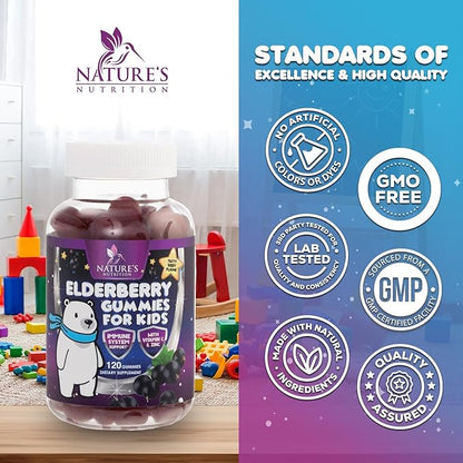 Kids Immune Support Elderberry Gummies - Daily Children's Vitamins C, Zinc & Kids Support Gummy - Nature's Sambucus Elderberry Supplement, Vegan, Gluten-Free, Tasty Berry Flavor - 120 Gummies