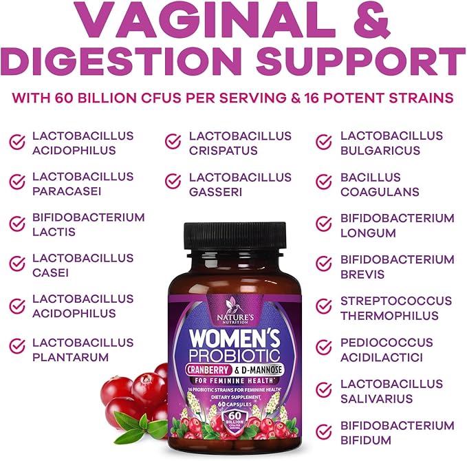 Probiotics 60 Billion CFU Per Serving for Women - 16 Unique Strains, Prebiotics Cranberry & Lactobacillus, PH Balance, Digestive & Gut Health, Vaginal & Immune Support, Women's Probiotic - 60 Capsules