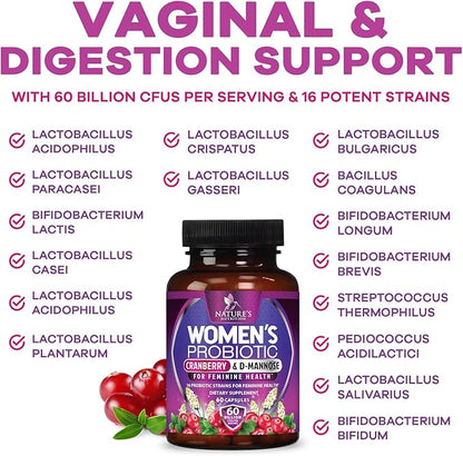 Probiotics 60 Billion CFU Per Serving for Women - 16 Unique Strains, Prebiotics Cranberry & Lactobacillus, PH Balance, Digestive & Gut Health, Vaginal & Immune Support, Women's Probiotic - 60 Capsules