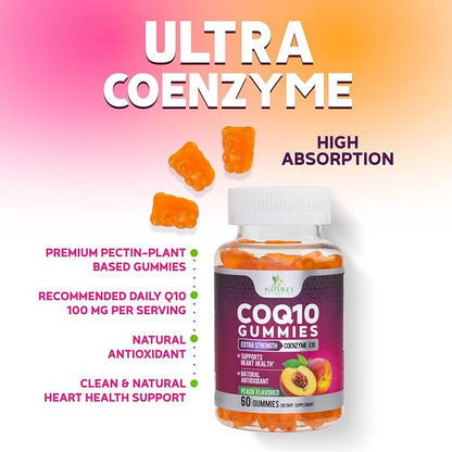 CoQ10 Gummies - Coenzyme Q10 100mg Per Serving - 3X Strength, High Absorption, Antioxidant Supplements for Heart Health Support & Energy Production, Ultra Coq 10 Vitamins Supplement - 60 Gummies