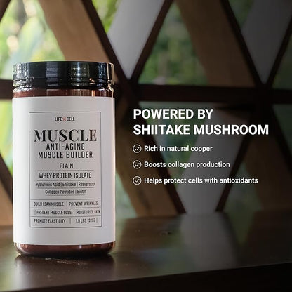 LifeCell Whey Protein – Anti-Aging Muscle Builder with Shiitake Mushroom, Collagen & Hyaluronic Acid – Chocolate, No Sugar Added, Soy-Free, Gluten-Free, 600g (18 Servings)