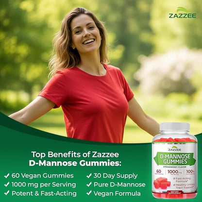 Zazzee D-Mannose Gummies, 1000 mg per Serving, 60 Vegan Gummies, Strawberry Flavor, Non-Sugar-Coated, Potent & Fast-Acting, All-Natural Urinary Tract Health Support, Made in the USA
