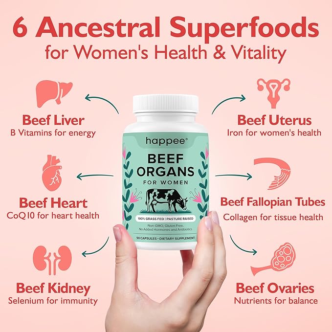 Happee Grass Fed Beef Organ Supplement for Women - Beef Liver, Heart, Kidney, Ovary & Uterus Blend - Hormone Balance, Energy & Cycle Support - 90 Capsules