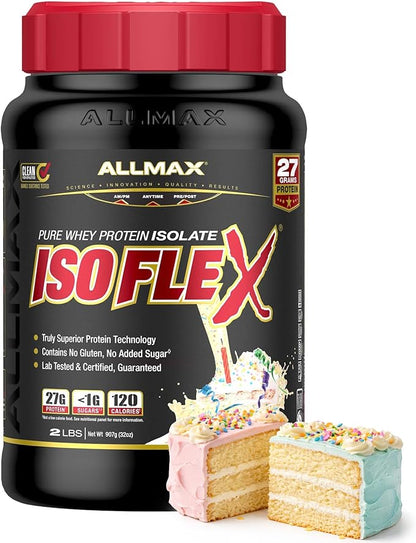 ALLMAX ISOFLEX Pure Whey Isolate Protein Powder - Gluten Free, Low Lactose, Sugar-Free - High-Protein, Clean, Keto-Friendly for Pre Post Workout Supplement for Women and Men | Birthday Cake, 2lb
