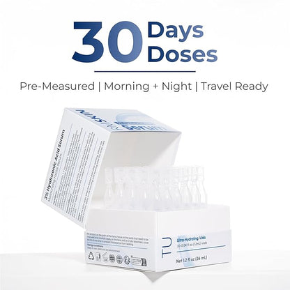 TURMSKIN® Hyaluronic Acid Serum Ampoules [ULTRA HYDRATING VIALS] - 3% Hyaluron Booster for Glass Skin & Anti Aging - 24 Hours Hydration - Soft PE Triple Hyaluronic Complex for Faceskin Repair & Renew
