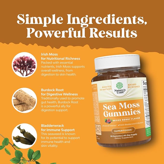 Natures Craft Irish Sea Moss Gummies for Women Men & Kids - Immune Support Supplement with Irish Sea Moss, Bladderwrack & Burdock Root - Detox Gummies for Body Cleanse - 90 Count