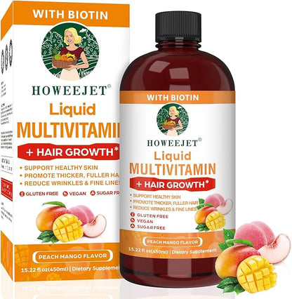 Liquid Multivitamin for Hair Growth | Biotin 10000mcg | Hair & Skin Support Supplement | Clinically Tested for Thicker Hair & Skin Elasticity | Suitable for Women & Men, Ages 18+ | 15.22 Fl Oz (1)