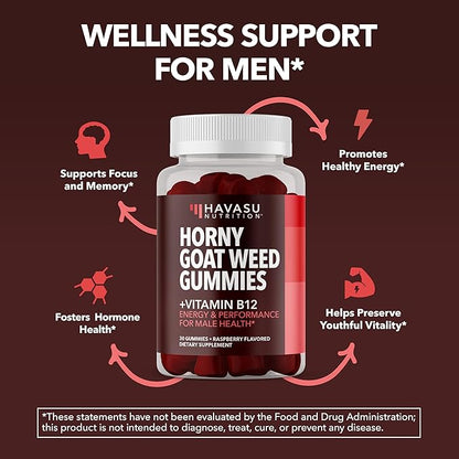 Horny Goat Weed Gummies with Vitamin B12 - Energy, Endurance & Performance Support for Male Health - 30 Count - Vegetarian-Friendly, Non-GMO, Pectin-Based - Raspberry Flavor, 15 Servings