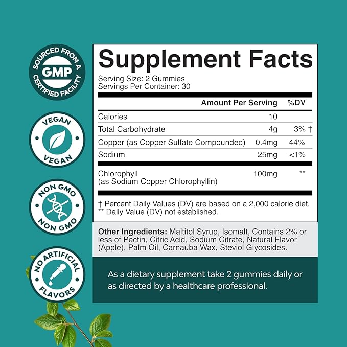Chlorophyll Gummies for Cleanse & Detox Support - Potent Internal Deodorizer Chloropyll Supplements for Body Odor Healthy Skin Immunity & Digestive Support - Vegan Non-GMO & Gluten Free - 60 Count