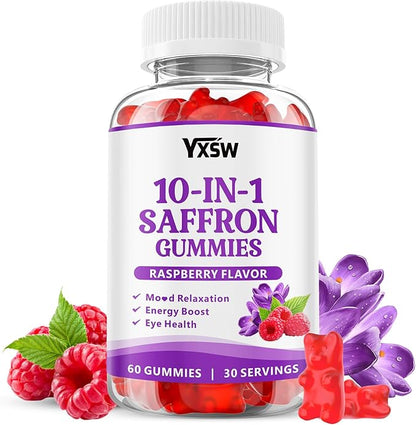 Saffron Gummies, Saffron Supplements for Kids & Adults with Ashwagandha, L-Theanine, Lemon Balm, Vitamin D3, B6, Magnesium & Zinc - Support Focus, Relaxation, Raspberry Flavor, 60 Count