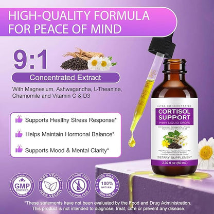 Cortisol Supplements for Women & Men, Ultra Concentrated 10 in 1 Cortisol Liquid with Magnesium, Ashwagandha, L-theanine, Support Hormonal Balance, Promotes Mood & Mental Clarity (60ml, Blueberry)