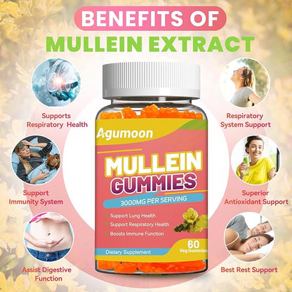 3000MG Mullein Gummies, Extra Strength Mullein Leaf Extract with Quercetin, Bromelain for Lung Detox & Immune Support, Mango Flavor, 60 Count