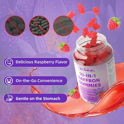 Saffron Supplement Gummies for Kids & Adults Supports Antioxidant Function with Ashwagandha, L-Theanine, Rhodiola Rosea, Lemon Balm, Vitamin D3, B6, Magnesium & Zinc – Raspberry Flavor, 60 Count