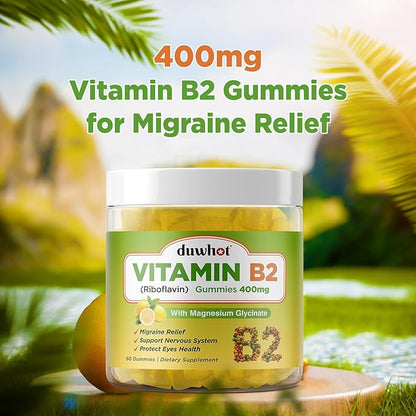 duwhot Vitamin B2 Gummies with Magnesium- Riboflavin 400mg for Migraine Relief & Headache Relief, B2 Vitamins Gummies for Adults & Kids, Vegan, 60 Chewable