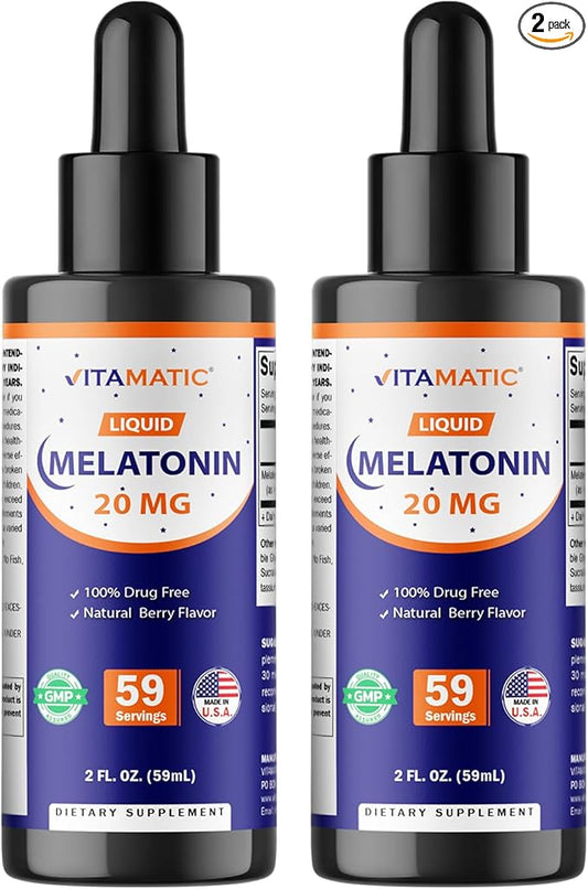 Vitamatic 2-Pack Melatonin 20mg Liquid Drops - 2 fl oz (59 ml) Each - Natural Berry Flavor - Non-GMO, Vegetarian Supplement for Adults