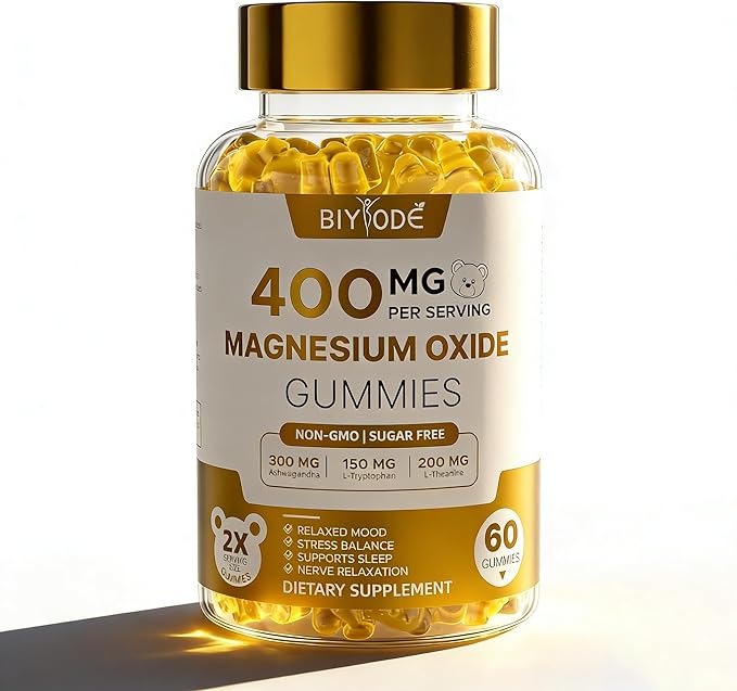 Magnesium Gummies Supplement with Magnesium Oxide L-Theanine Ashwagandha Vitamin D3 & B6 Supports Relaxation Mood Balance Sleep Wellness & Stress Management Sugar-Free Orange Flavor 60 Count