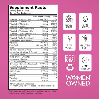 Vegan Multivitamins for Women - Once Daily - 28 Nutrients - Boost Energy, Sleep, Hair, Skin, Nails & Reduce Cravings - Keto, Vegan, Gluten Free, USA, 2-Months Supply