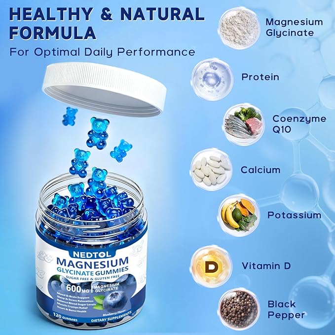Magnesium Glycinate Gummies 600mg, Sugar Free Magnesium Potassium Supplement for Adults with Magnesium L-Threonate, Vitamin D, B6,and CoQ10 for Sleep, Body Support and Relaxation,120 Count