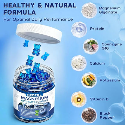Magnesium Glycinate Gummies 600mg, Sugar Free Magnesium Potassium Supplement for Adults with Magnesium L-Threonate, Vitamin D, B6,and CoQ10 for Sleep, Body Support and Relaxation,120 Count