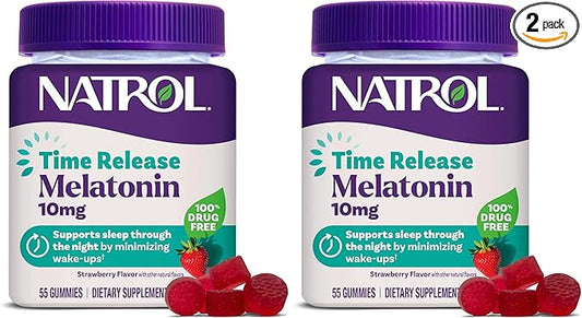 Natrol 10 mg Melatonin Gummies,Time Release Sleep Gummies for Adults,Minimize Wake Ups,Strawberry-Flavored,55 Day Supply,55 Count (Pack of 2)