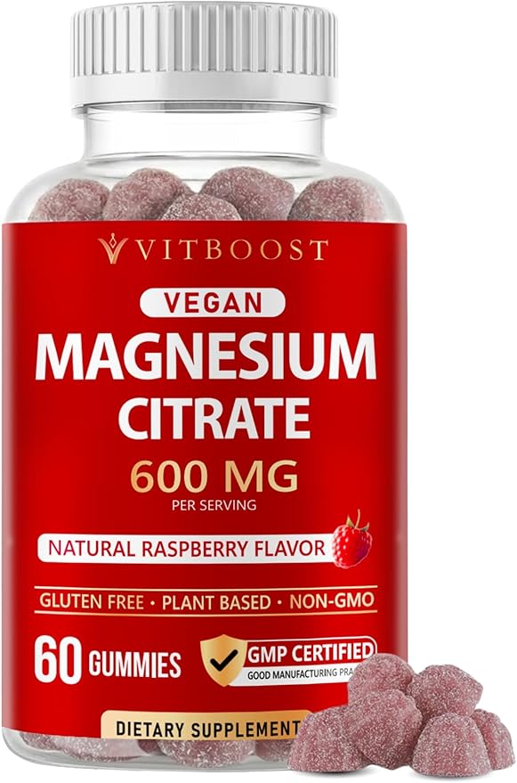 Vitboost Magnesium Citrate Gummies 600mg - 60 Count Vegan Magnesium Gummies for Relaxation & Muscle Support - Natural Raspberry Flavor - Non-GMO, Gluten Free, Plant Based