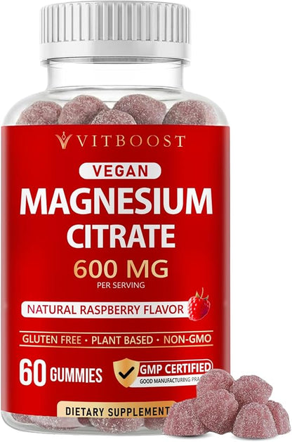 Vitboost Magnesium Citrate Gummies 600mg - 60 Count Vegan Magnesium Gummies for Relaxation & Muscle Support - Natural Raspberry Flavor - Non-GMO, Gluten Free, Plant Based