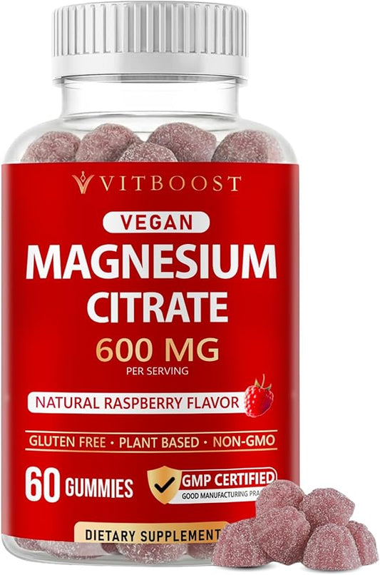 Vitboost Magnesium Citrate Gummies 600mg - 60 Count Vegan Magnesium Gummies for Relaxation & Muscle Support - Natural Raspberry Flavor - Non-GMO, Gluten Free, Plant Based
