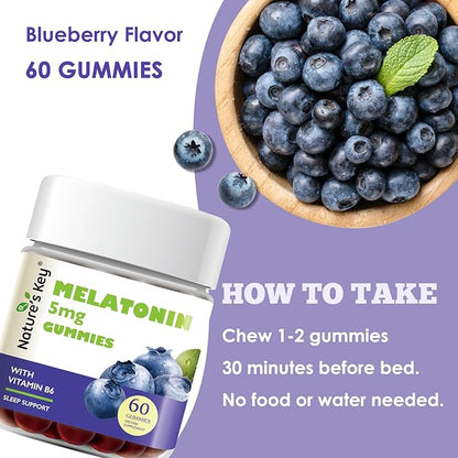 Nature's Key Melatonin Gummies for Kids & Adults, 5mg Dose Gummy with Vitamin B6, Non-GMO,Gluten-Free-Natural Blueberry Flavor 60 Count