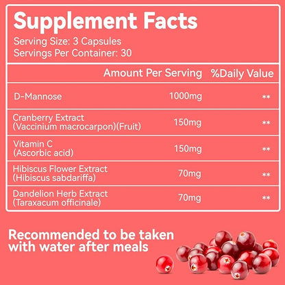 D-Mannose Supplement – 1000mg Capsules with Cranberry, Vitamin C, Hibiscus & Dandelion Extract, Support Urinary Health, D Mannose & Cranberry Capsules, 90 Count