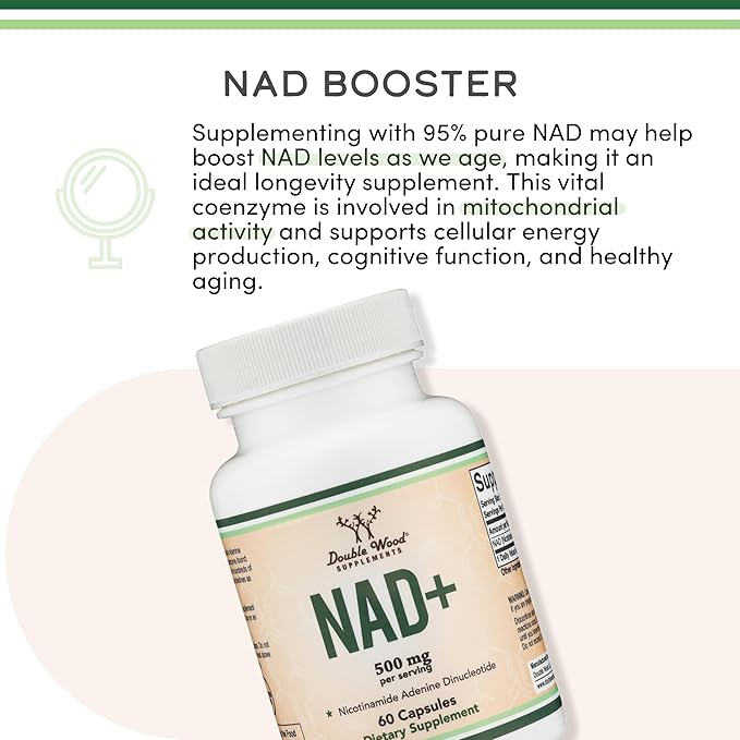 Double Wood Supplements NAD+ Anti Aging & Cell Regeneration | 500mg of 95% Pure NAD Plus Per Serving, 30 Day Supply | Similar to Nicotinamide Riboside | Third Party Tested, Vegan Safe, Non-GMO