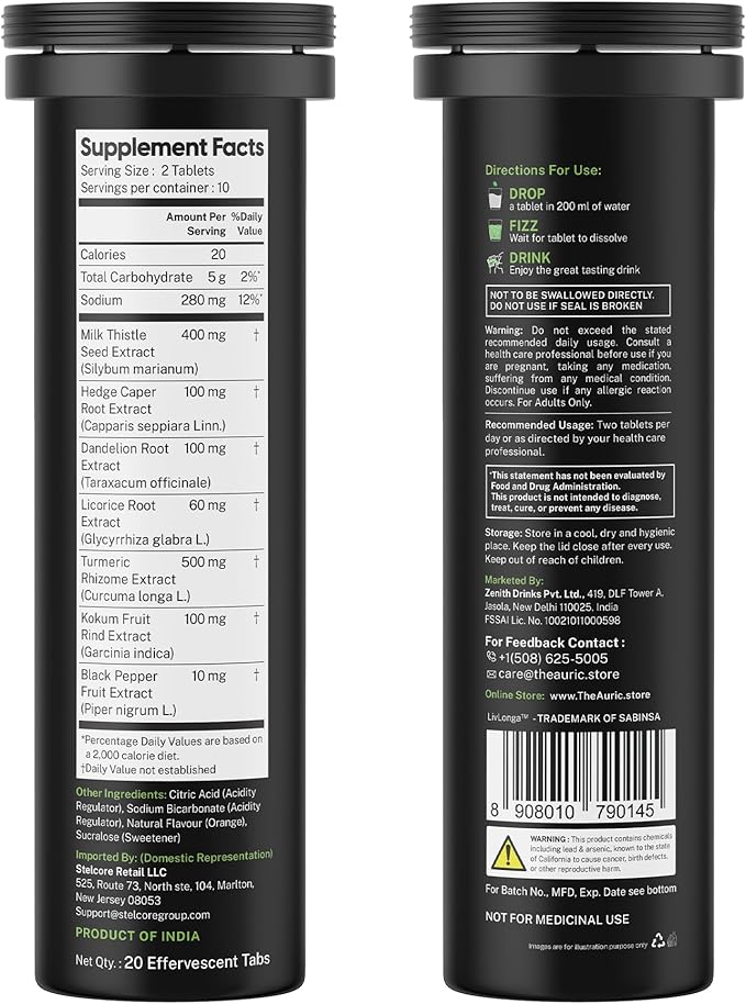 Auric Herbal Liver Support Supplement | Milk Thistle (Silymarin), Turmeric, Garlic, Ginger for Liver Health | Advanced Detox & Cleansing Formula for active Liver | 20 Tablets | Plant Based Gluten-Free